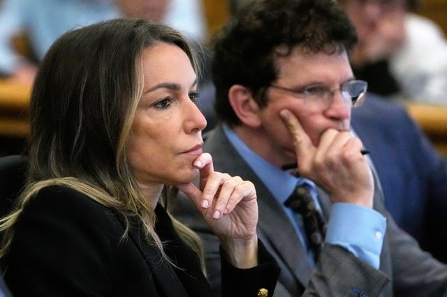 Karen Read, left, and her defense attorney Robert Alessi listen to Massachusetts State Police Sergeant Yuriy Bukhenik testify during the trial of Karen Read in Norfolk Superior Court, in Dedham, Mass., on May 8, 2025.