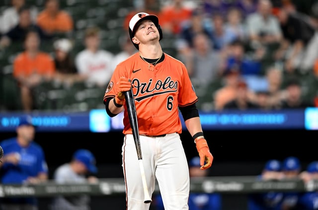 BALTIMORE, MARYLAND - MAY 03: Ryan Mountcastle #6 of the Baltimore Orioles reacts after striking out against the Kansas City Royals at Oriole Park at Camden Yards on May 03, 2025 in Baltimore, Maryland.