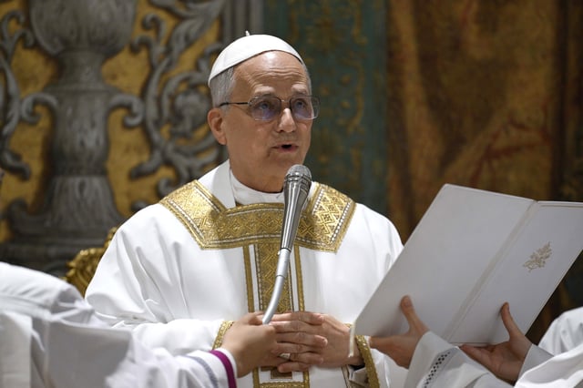 American Cardinal Robert Francis Prevost presides over his first Holy Mass as Pope Leo XIV with cardinals in the Sistine Chapel at the conclusion of the Conclave on May 9, 2025, in Vatican City.