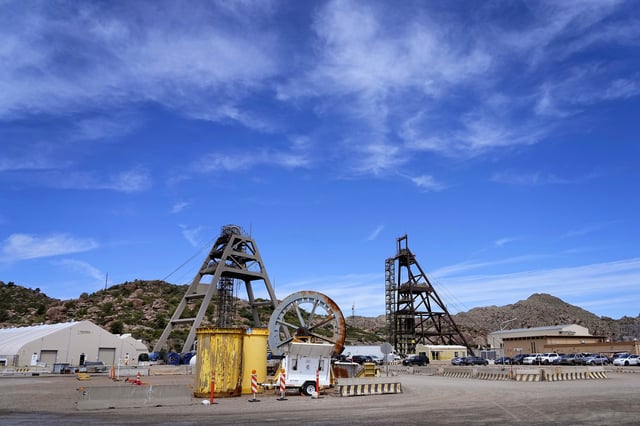 FILE - Mine shafts nine, right, and 10, left, tower over the Resolution Copper Mining Company facility, on June 9, 2023, in Miami, Ariz. (AP Photo/Matt York, File)