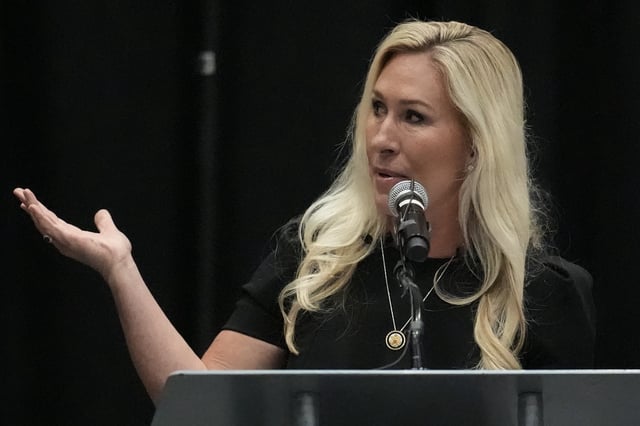 Rep. Marjorie Taylor Greene, R-Ga., speaks during a town-hall style meeting, Tuesday, April 15, 2025, in Acworth, Ga. (AP Photo/Mike Stewart)