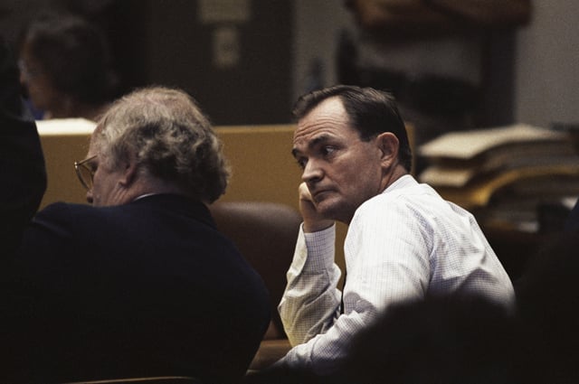 FILE - Randy Kraft listens inside a courtroom in Santa Ana, Calif., Aug. 11, 1989, as a jury recommends he should die in the gas chamber for his two-decade spree of sexual violence and mutilation that left at least 16 young men and boys dead. (AP Photo/Alan Greth, File)