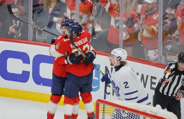Florida Panthers center Carter Verhaeghe (23) and center Sam Bennett (9) celebrate a second-period goal during Game 3 of the second round of the Stanley Cup playoffs on Friday, May 9, 2025, at Amerant Bank Arena in Sunrise. (Joe Cavaretta/South Florida Sun Sentinel)