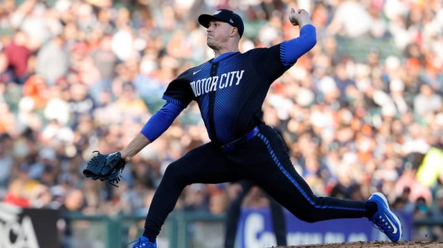 Tarik Skubal hurls a pitch in the third inning.