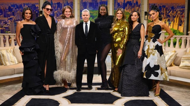 THE REAL HOUSEWIVES OF NEW YORK CITY -- Season:15 -- Pictured: (l-r) Jessel Taank, Jenna Lyons, Brynn Whitfield, Andy Cohen, Ubah Hassan, Erin Lichy, Sai De Silva, Racquel Chevremont -- (Photo by: Jocelyn Prescod/Bravo)