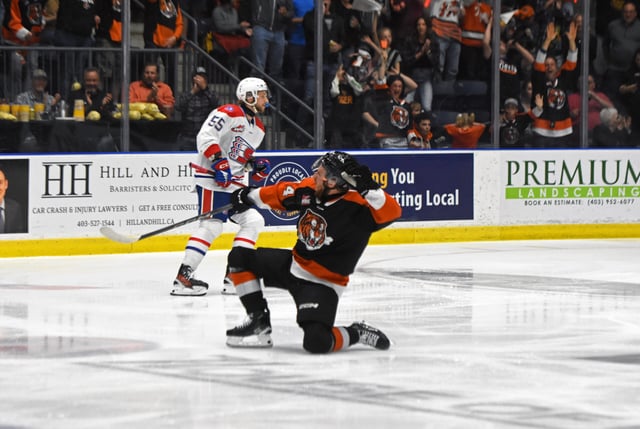 NEWS PHOTO JAMES TUBB Medicine Hat Tigers forward Andrew Basha celebrates his goal 54 seconds into Game 1 of the WHL Championship series on Friday at Co-op Place. The Tigers beat the Spokane Chiefs 4-1 for an early 1-0 series lead.