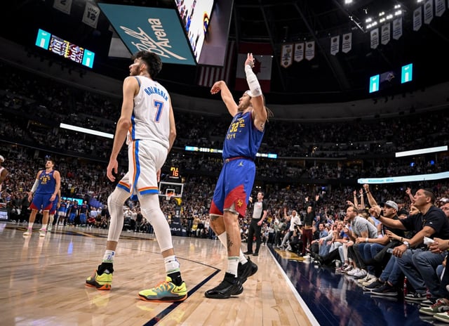 Aaron Gordon (32) of the Denver Nuggets holds his form as he sinks a clutch 3-pointer over Chet Holmgren (7) of the Oklahoma City Thunder with less than 30 seconds to play during the fourth quarter at Ball Arena in Denver on Friday, May 9, 2025. (Photo by AAron Ontiveroz/The Denver Post)