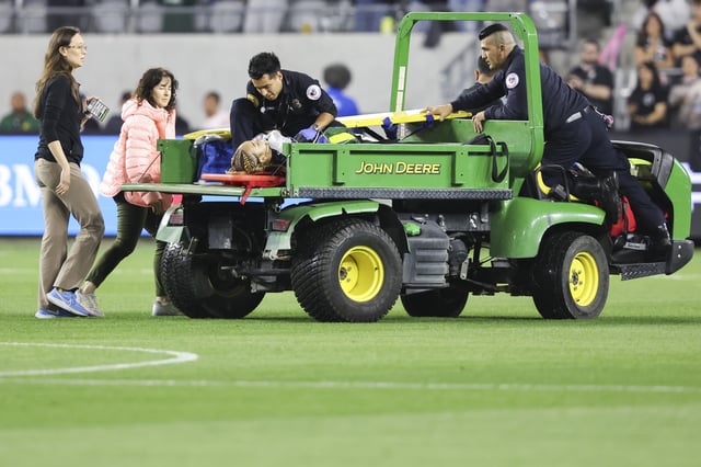May 9, 2025; Los Angeles, California, USA; Medical staff attend to Angel City FC defender Savy King (3) as she exits the game on a cart during the second half of a soccer game against the Utah Royals at BMO Stadium. Jessica Alcheh-Imagn Images