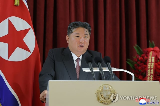 North Korean leader Kim Jong-un (C) delivers a speech during his visit to the Russian Embassy in Pyongyang on May 9, 2025, to mark the 80th anniversary of the Soviet Union's defeat of Nazi Germany in World War II, in this photo carried by North Korea's official Korean Central News Agency the following day. (For Use Only in the Republic of Korea. No Redistribution) (Yonhap)