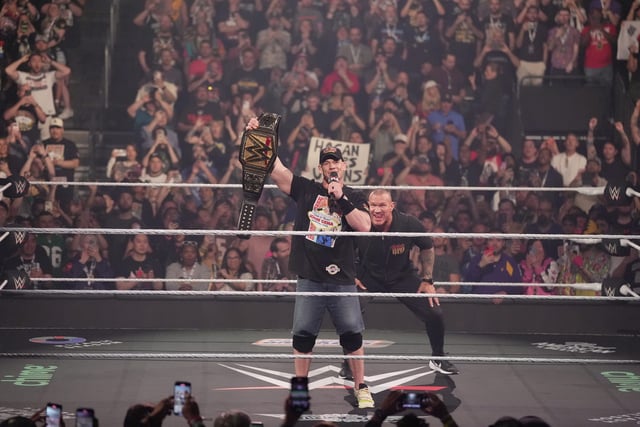 Randy Orton sneaks up on Undisputed WWE Champion John Cena during Raw at T-Mobile Arena on April 21, 2025 in Las Vegas, Nevada.