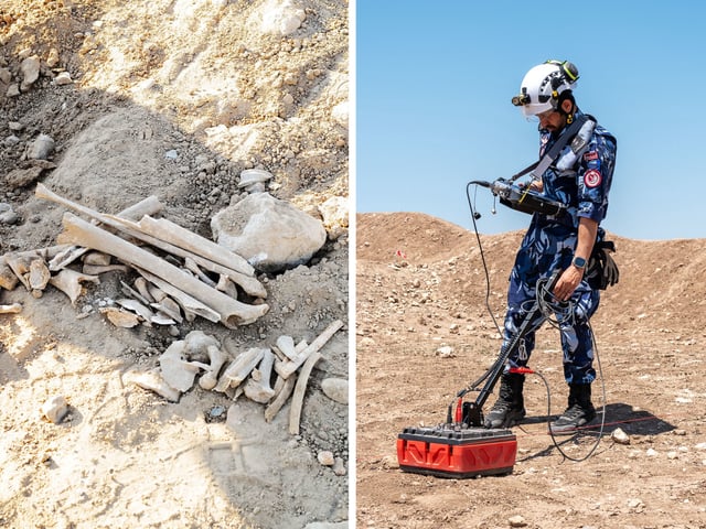A member of a Qatari search-and-rescue team scours the parched earth for human remains.