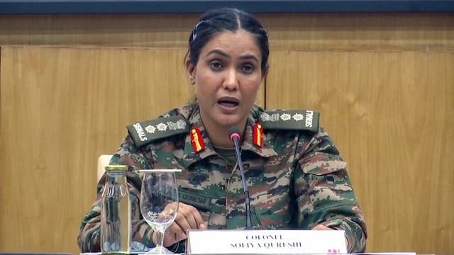 Colonel Sofiya Qureshi briefing the media on ‘Operation Sindoor’, in New Delhi on Saturday.