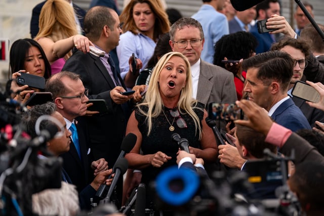 Rep. Marjorie Taylor Greene (R-GA) speaks to members of the press on the steps of the House of Representatives at the U.S. Capitol on May 8, 2024, in Washington, DC.