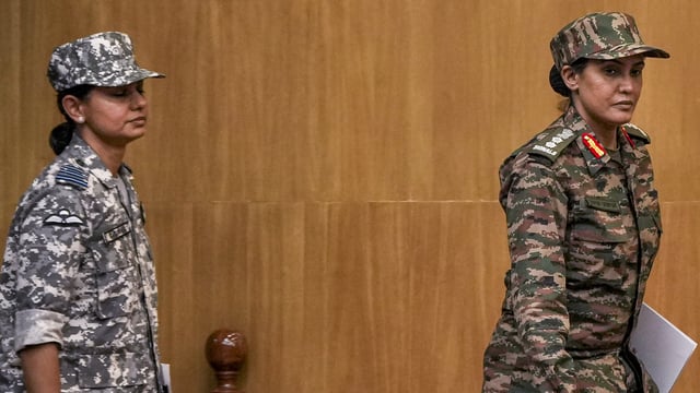 Army officer Colonel Sofiya Qureshi and IAF officer Wing Commander Vyomika Singh during a press conference.