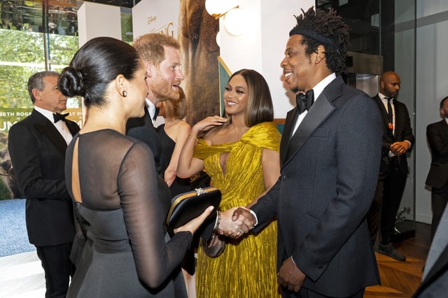 Prince Harry and Duchess Meghan meet Beyoncé and Jay-Z at the London premiere of "The Lion King" on July 14, 2019. Nearly six years later, the former working royals are friends with the music superstar and attended her Los Angeles concert on May 9.