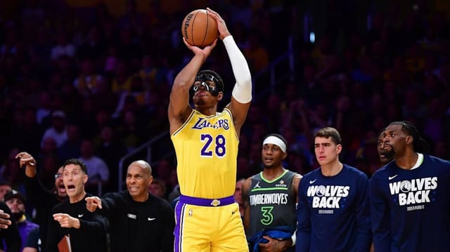 Apr 30, 2025; Los Angeles, California, USA: Los Angeles Lakers forward Rui Hachimura (28) shoots against the Minnesota Timberwolves during the first half in game five of first round for the 2025 NBA Playoffs at Crypto.com Arena. Mandatory Credit: Gary A. Vasquez-Imagn Images