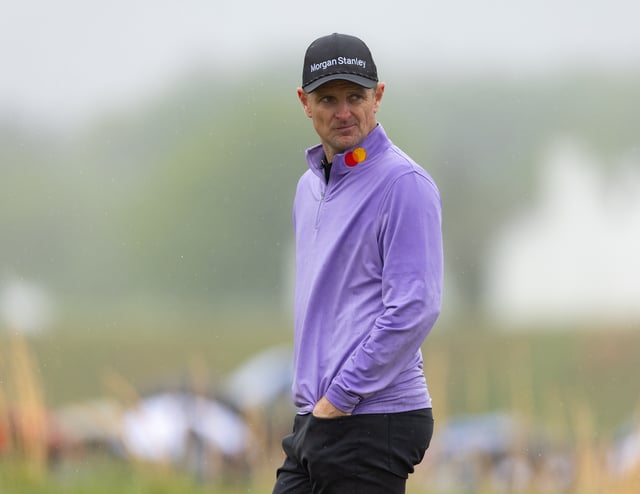 May 9, 2025; Philadelphia, Pennsylvania, USA; Justin Rose looks on by the 18th hole during the second round of the Truist Championship golf tournament. Mandatory Credit: Bill Streicher-Imagn Images