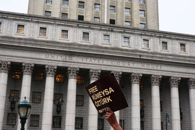 People gather for a rally in support of Tufts University student Rümeysa Öztürk and Columbia University student activist Mohsen Mahdawi in Foley Square, on May 6, 2025, in New York City.