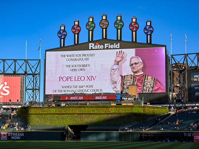 The outfield video board displays a congratulatory message for Pope Leo XIV before the game between the Miami Marlins and the Chicago White Sox at Rate Field on May 9, 2025 in Chicago, Illinois. (Photo by Abigail Dean/Getty Images)
