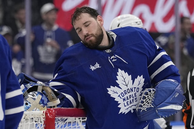 May 5, 2025; Toronto, Ontario, CAN; Toronto Maple Leafs goaltender Anthony Stolarz (41) reacts after being hit by Florida Panthers forward Sam Bennett (not pictured) during the second period of the second round of the 2025 Stanley Cup Playoffs at Scotiabank Arena. Mandatory Credit: John E. Sokolowski-Imagn Images/File Photo