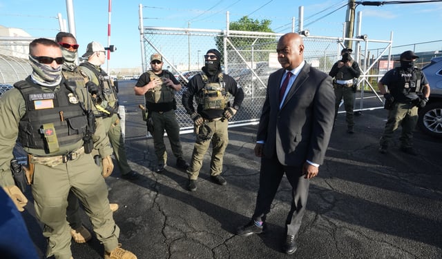 Mayor Ras Baraka of Newark confronts ICE agents at a demonstration outside an immigrant detention centre in Elizabeth, New Jersey May 7, 2025.