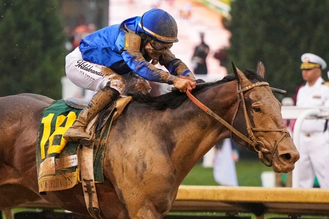 Sovereignty, ridden by Junior Alvarado, heads to the finish line to win the 151st running of the Kentucky Derby horse race at Churchill Downs on May 3, 2025, in Louisville, Ky.