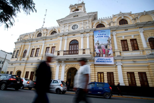 A banner with the image of the recently elected Pope Leo XIV adorns the front of Chiclayo City Hall on May 9, 2025 in Chiclayo, Peru.