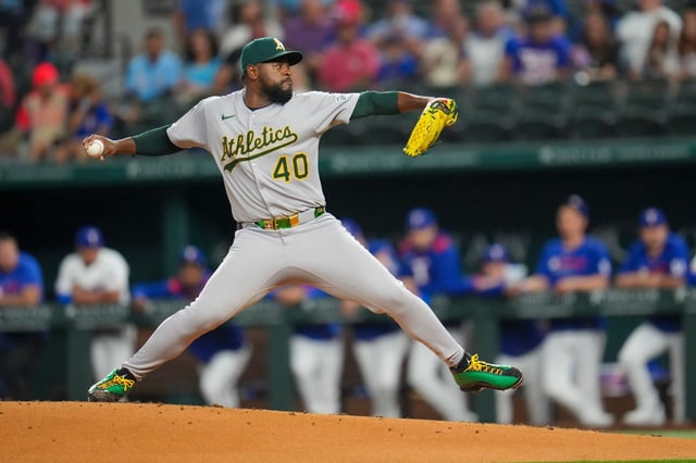 Athletics starting pitcher Luis Severino throws a pitch to the Texas Rangers during the first inning of a baseball game Wednesday, April 30, 2025, in Arlington, TX. (AP Photo/Julio Cortez)