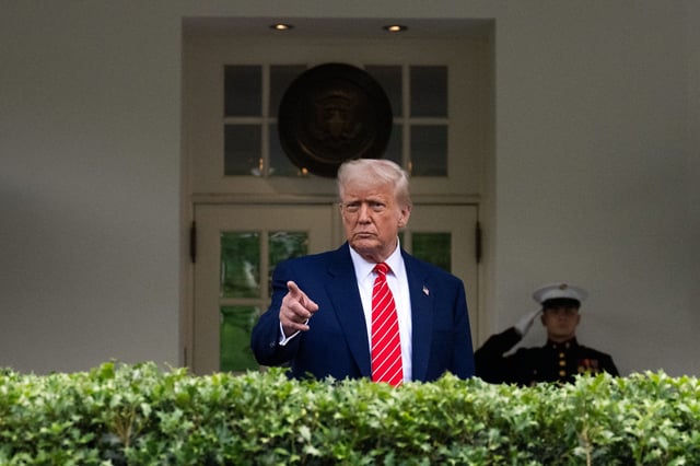 US President Donald Trump takes questions outside the West Wing of White House in Washington, DC, on May 8, 2025.