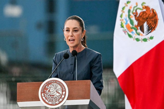 Mexico's President Claudia Sheinbaum in Santa Lucia Air Base near Mexico City on April 22, 2025.