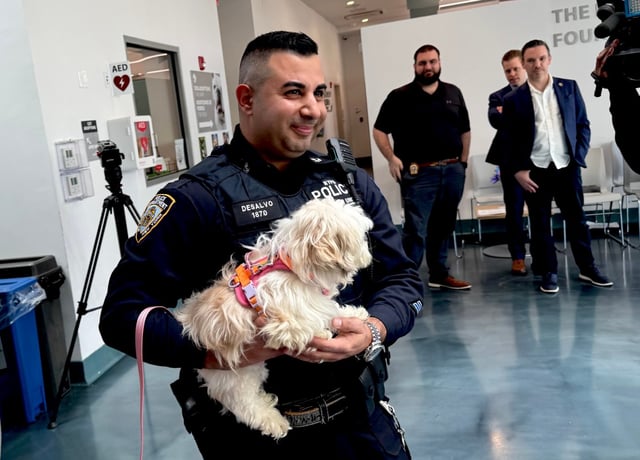 NYPD Harbor Unit Officer Jared Desalvo is pictured with the dog, now named Hudson, that he helped rescue from the East River in March. (Rebecca White / New York Daily News)