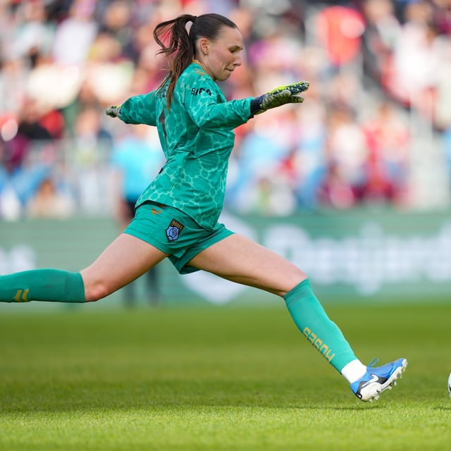 Montreal Roses FC goalkeeper Anna Karpenko (1) kicks the ball during second half Northern Super League soccer action against AFC Toronto, in Toronto on Saturday, April 19, 2025. THE CANADIAN PRESS/Arlyn McAdorey