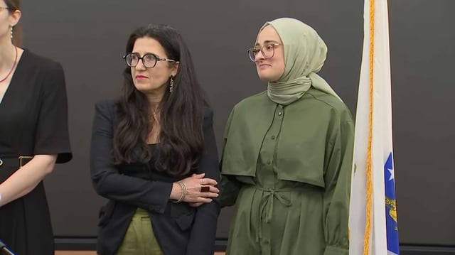Tufts University doctoral student Rumeysa Ozturk appears at a press conference after returning to Massachusetts following her detention at an ICE facility in Louisiana. 
