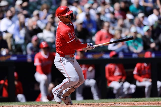 Angels’ Mike Trout grounds out against the Seattle Mariners during the third inning of a baseball game, Wednesday, April 30, 2025, in Seattle. (AP Photo/John Froschauer)