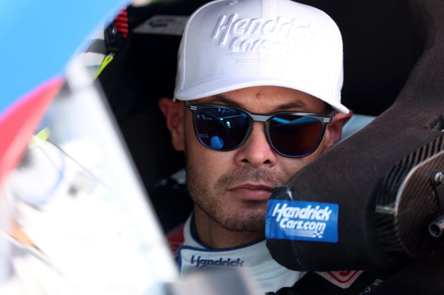 Kyle Larson, driver of the #5 HendrickCars.com Chevrolet, looks on in his car during qualifying for the NASCAR Cup Series AdventHealth 400 at Kansas Speedway on May 10, 2025 in Kansas City, Kansas.