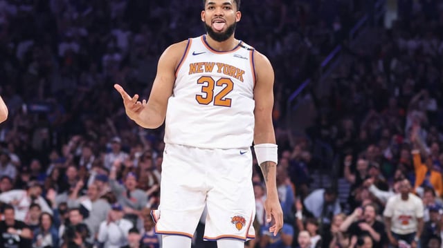 May 10, 2025; New York, New York, USA; New York Knicks center Karl-Anthony Towns (32) celebrates after scoring in the first quarter during game three of the second round for the 2025 NBA Playoffs against the Boston Celtics at Madison Square Garden. Mandatory Credit: Wendell Cruz-Imagn Images