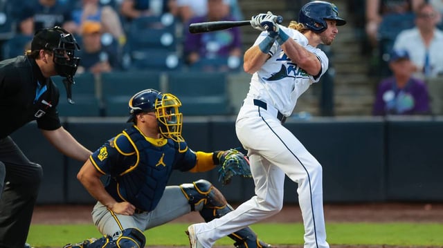 The Tampa Bay Rays’ Travis Jankowski hits a walk-off single in the ninth inning against the Milwaukee Brewers at George M. Steinbrenner Field on Saturday, May 10, 2025, in Tampa, Florida. (Kelly Gavin/Getty Images/TNS)