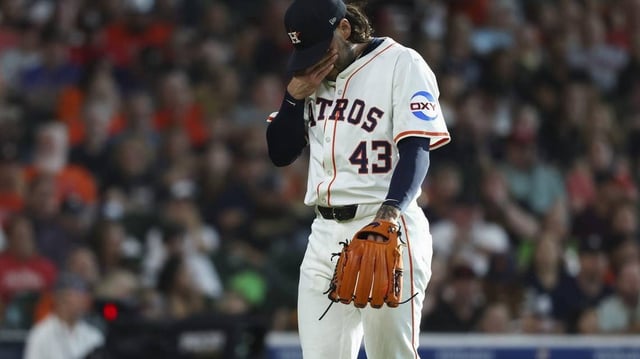 May 10, 2025; Houston, Texas, USA; Houston Astros starting pitcher Lance McCullers Jr. (43) reacts after a pitch during the first inning against the Cincinnati Reds at Daikin Park. Mandatory Credit: Troy Taormina-Imagn Images