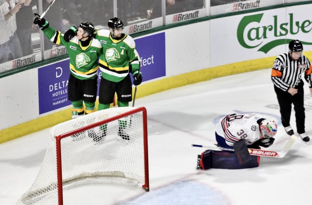 London, Ont. - Jacob Julien and Easton Cowan celebrate the London Knights fourth goal in a 5-2 London win in Game 2 of the OHL Championship played on May 11, 2025 at Canada Life Place.