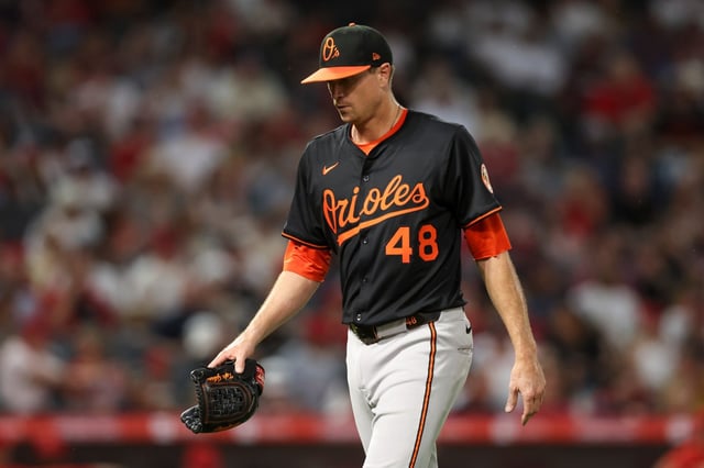 Baltimore Orioles pitcher Kyle Gibson (48) walks towards the dugout during the fifth inning of a baseball game against the Los Angeles Angels in Anaheim, Calif., Saturday, May 10, 2025. (AP Photo/Jessie Alcheh)