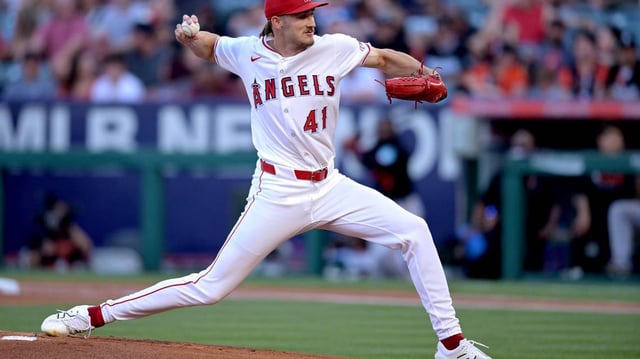 Jack Kochanowicz of the Los Angeles Angels pitches in the first inning against the Baltimore Orioles at Angel Stadium of Anaheim on Saturday, May 10, 2025, in Anaheim, California. (John McCoy/Getty Images/TNS)