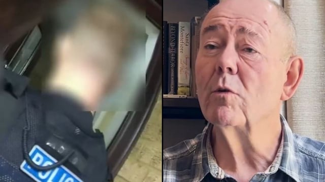 Julian Foulkes, right, was handcuffed at his home by officers from Kent police
