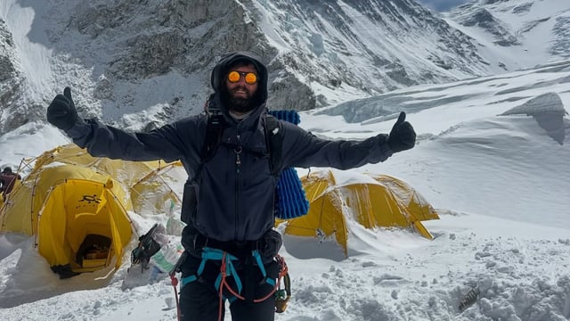Mitchell Hutchcraft crossing the Khumbu Icefall on his way to the base of Mount Everest and the final part of his epic journey