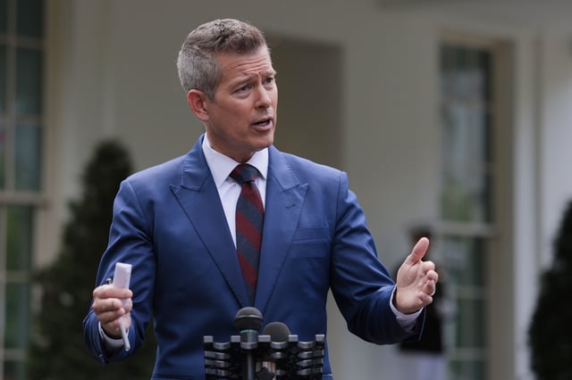 Transportation Secretary Sean Duffy speaks to reporters outside of the West Wing of the White House on May 6 in Washington, D.C.