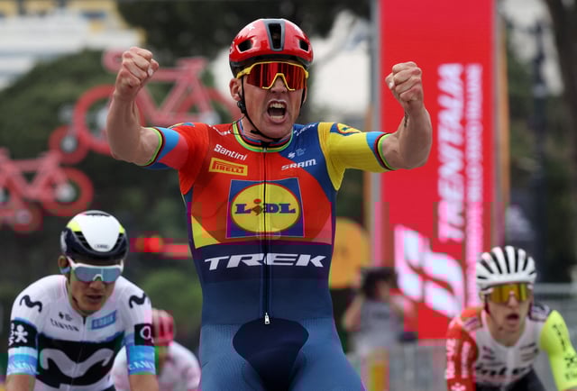 Cycling - Giro d'Italia - Stage 1 - Durazzo to Tirana - Albania - May 9, 2025 Lidl - Trek's Mads Pedersen celebrates winning stage 1 REUTERS/Florion Goga