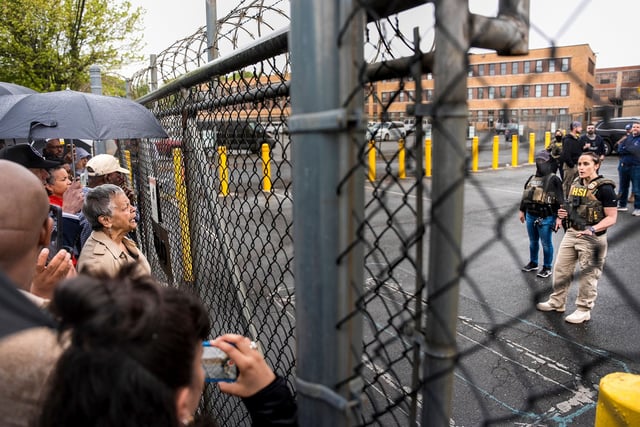 Rep. Bonnie Watson Coleman, D-N.J., speaks with an officer demanding she be let into the ICE Detention office after the arrest of Newark Mayor Ras Baraka, Friday, May 9, 2025, in Newark, N.J.