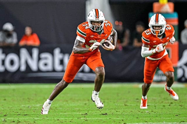 Miami Hurricanes' linebacker Adarius Hayes, center, during a game against the Florida A&M Rattlers on Sept. 7, 2024.