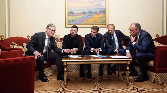 Keir Starmer, Wolodymyr Selenskyj, Emmanuel Macron, Donald Tusk,Friedrich Merz