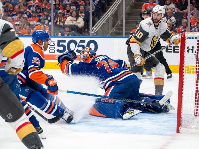 Stuart Skinner #74 of the Edmonton Oilers makes a save against the Vegas Golden Knights in the third period of Game 3 of the second round of the 2025 Stanley Cup Playoffs at Rogers Place on May 10, 2025, in Edmonton.