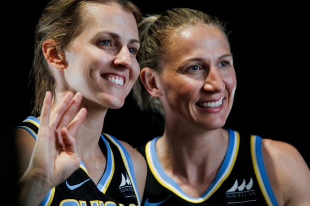 Allie Quigley, left, and Courtney Vandersloot, both formerly of the Chicago Sky, in Chicago on July 9, 2022.